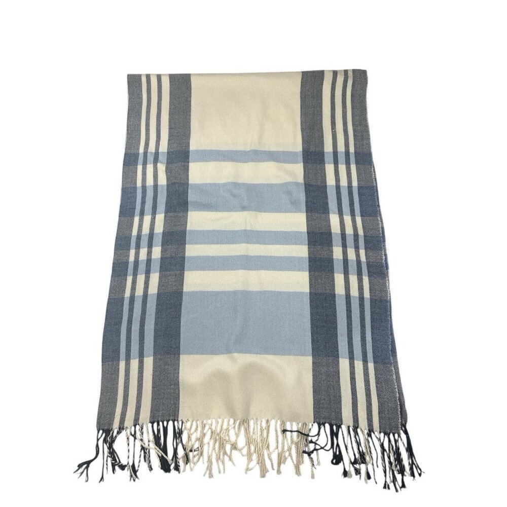 GAP Soft Blue Plaid Oversized Scarf Fringed Edge Fall Winter Long Wrap 26"x80"